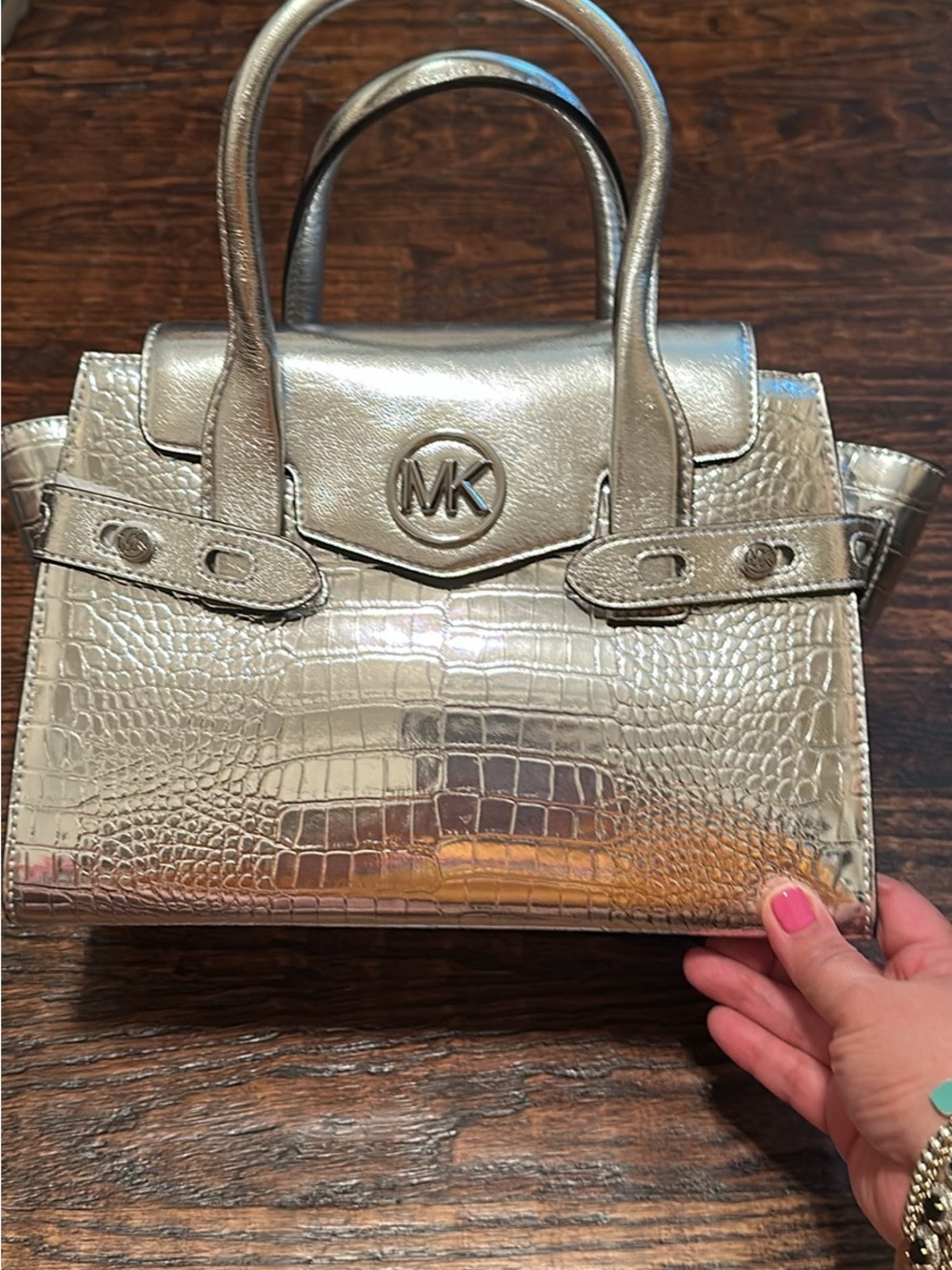 Michael Kors Metallic Silver Croc-Embossed Satchel